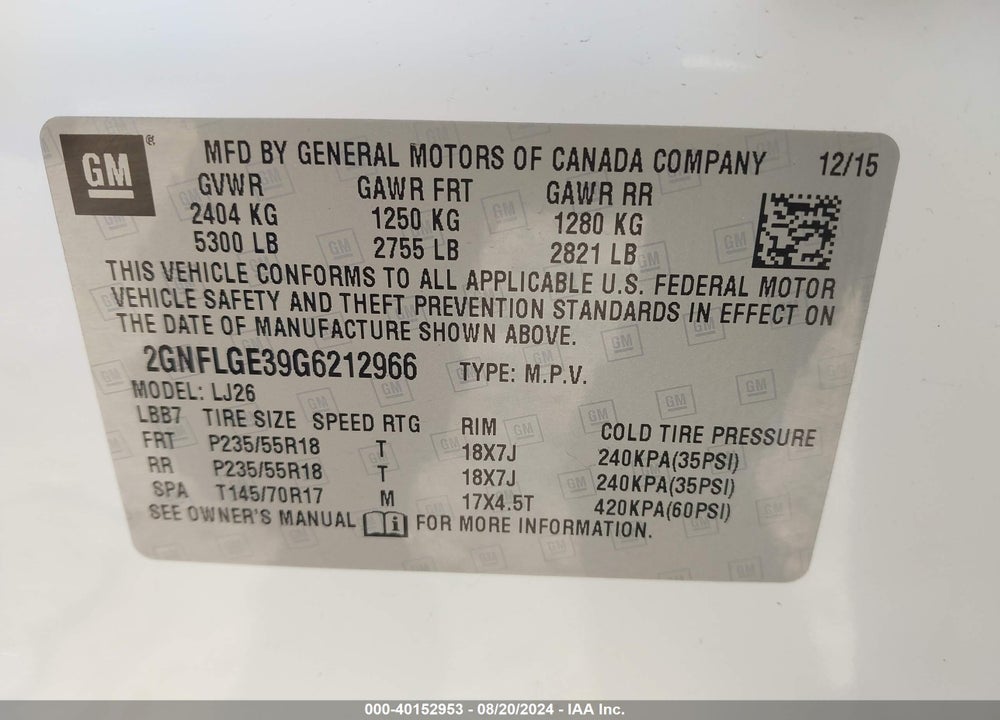 2016 CHEVROLET EQUINOX LTZ VIN: 2GNFLGE39G6212966
