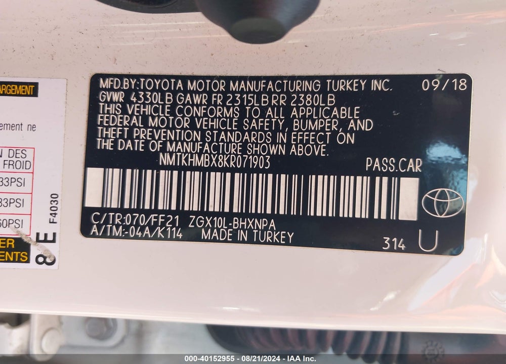 2019 TOYOTA C-HR XLE VIN: NMTKHMBX8KR071903