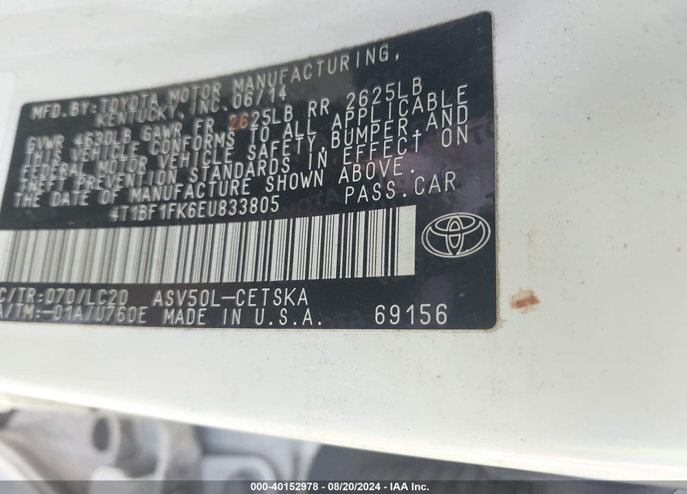 2014 TOYOTA CAMRY SE VIN: 4T1BF1FK6EU833805