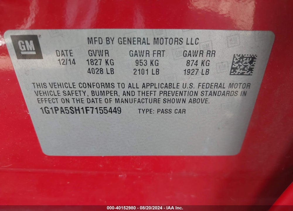 2015 CHEVROLET CRUZE LS AUTO VIN: 1G1PA5SH1F7155449
