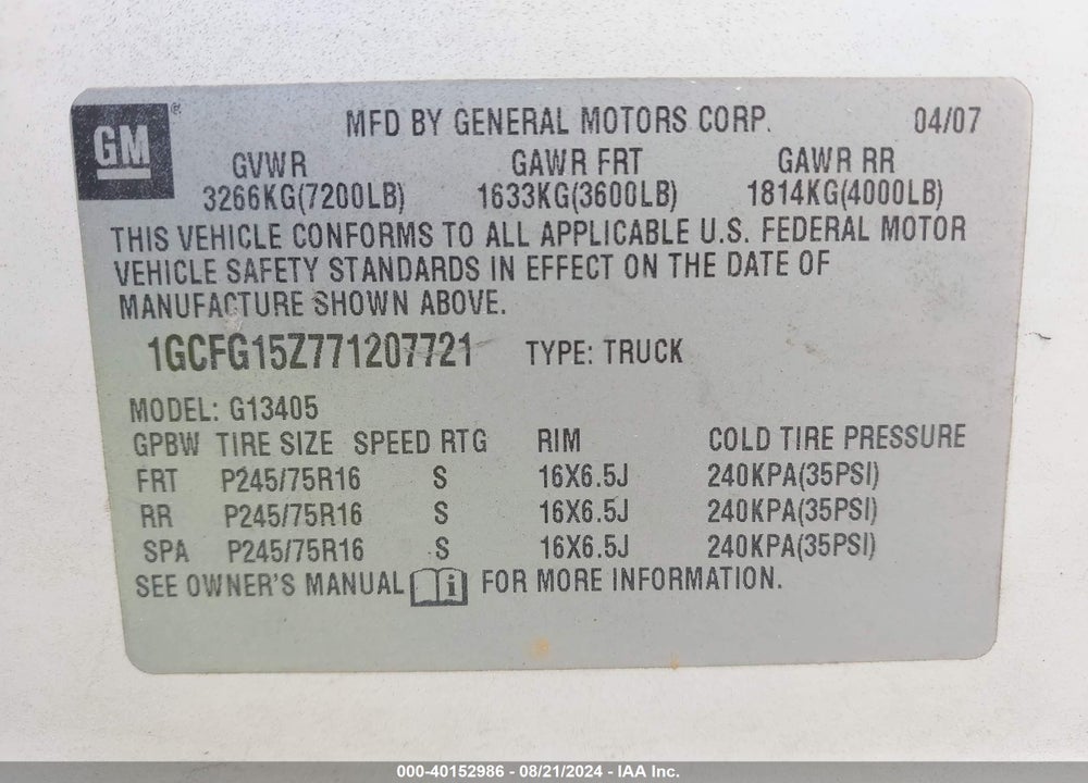 2007 CHEVROLET EXPRESS VIN: 1GCFG15Z771207721