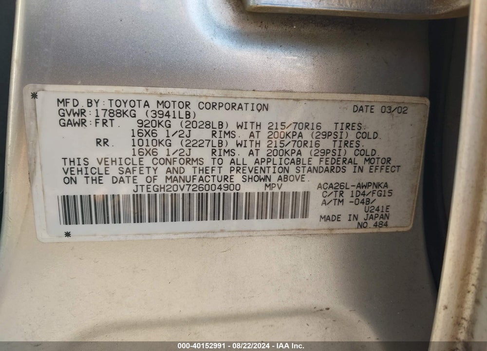 2002 TOYOTA RAV4 VIN: JTEGH20V726004900