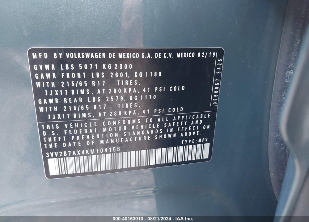 2019 VOLKSWAGEN TIGUAN 2.0T SE/2.0T SEL/2.0T SEL R-LINE/2.0T SEL R-LINE BLACK VIN: 3VV2B7AX4KM104158