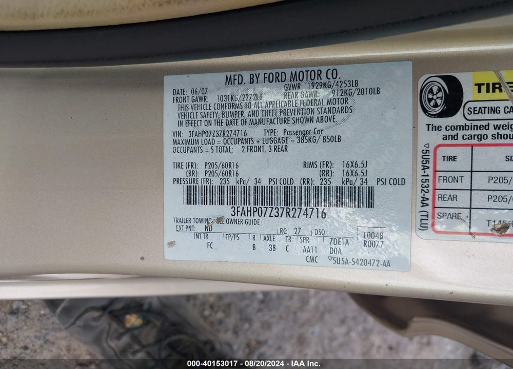 2007 FORD FUSION SE VIN: 3FAHP07Z37R274716