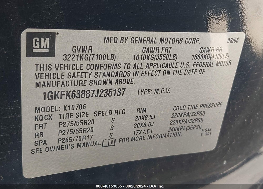 2007 GMC YUKON DENALI VIN: 1GKFK63887J236137