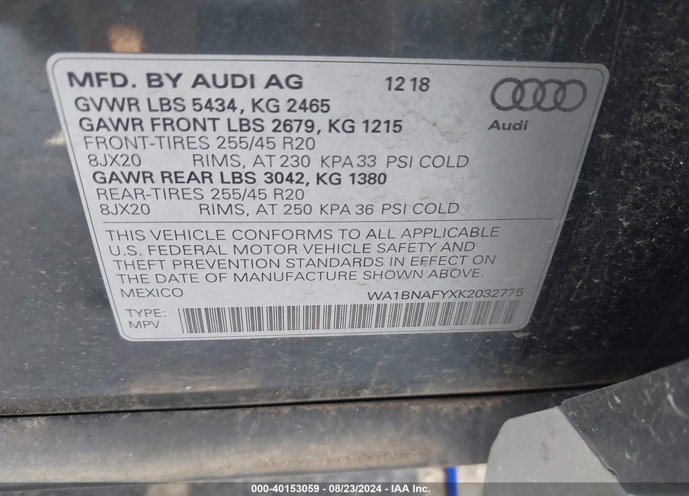 2019 AUDI Q5 45 PREMIUM VIN: WA1BNAFYXK2032775