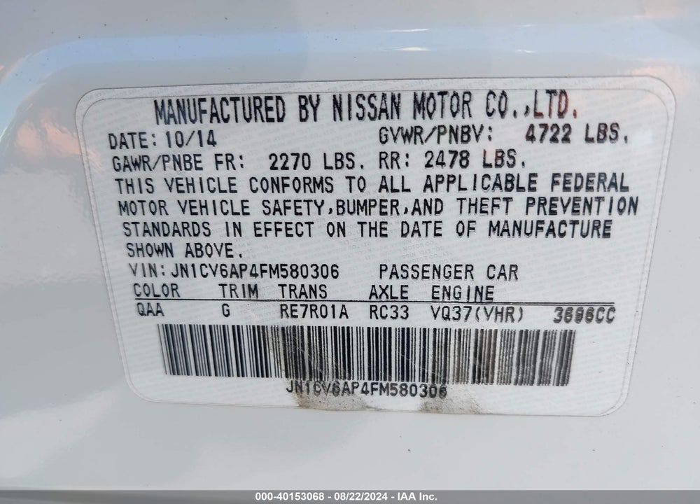 2015 INFINITI Q40 VIN: JN1CV6AP4FM580306