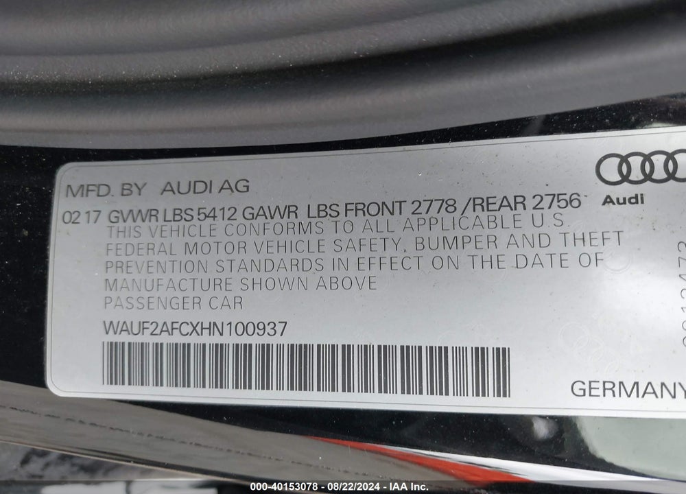 2017 AUDI A6 PREMIUM PLUS VIN: WAUF2AFCXHN100937