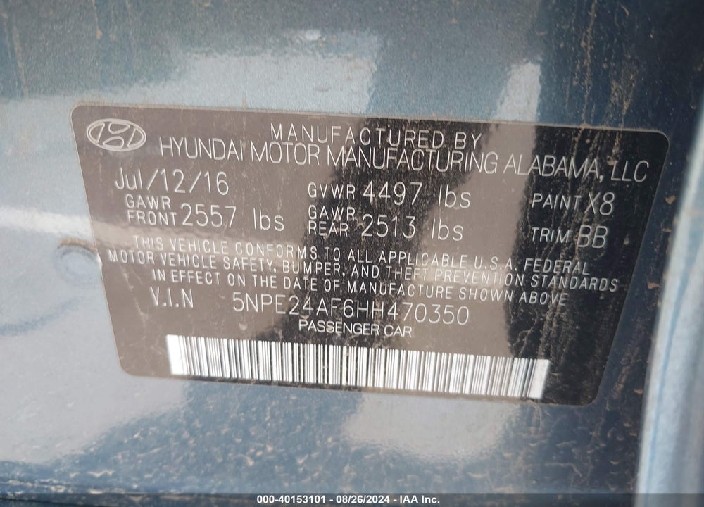 2017 HYUNDAI SONATA SE VIN: 5NPE24AF6HH470350