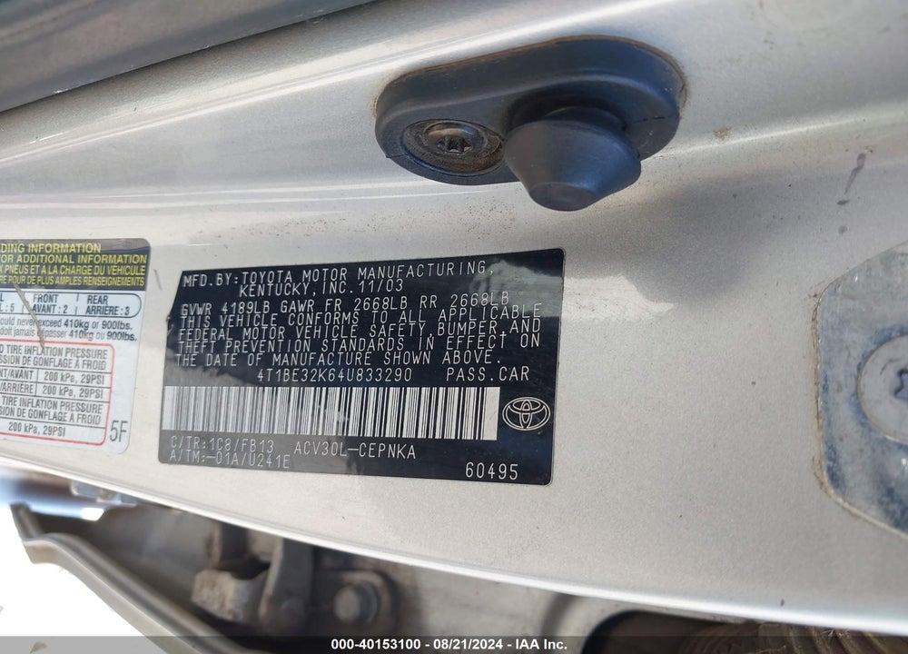 2004 TOYOTA CAMRY LE VIN: 4T1BE32K64U833290