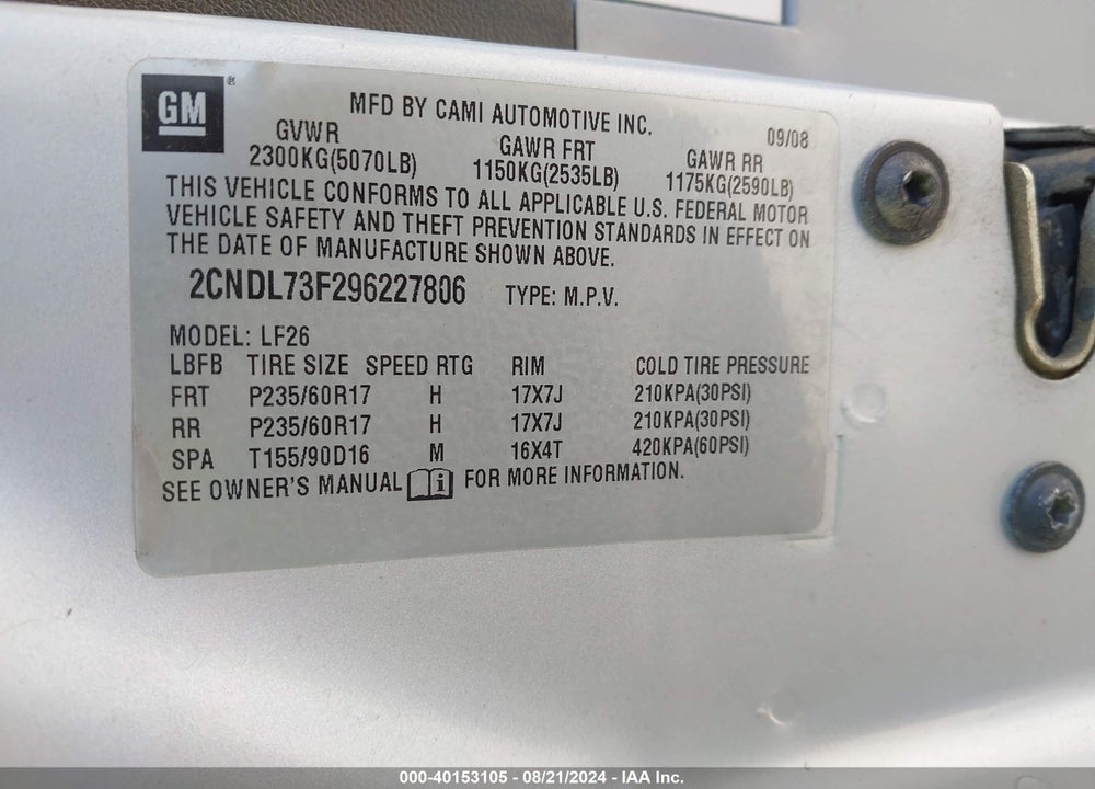 2009 CHEVROLET EQUINOX LTZ VIN: 2CNDL73F296227806