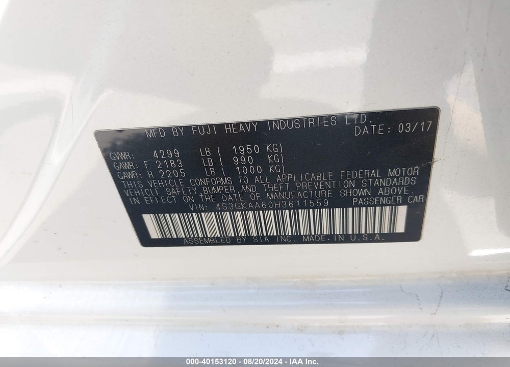 2017 SUBARU IMPREZA 2.0I VIN: 4S3GKAA60H3611559