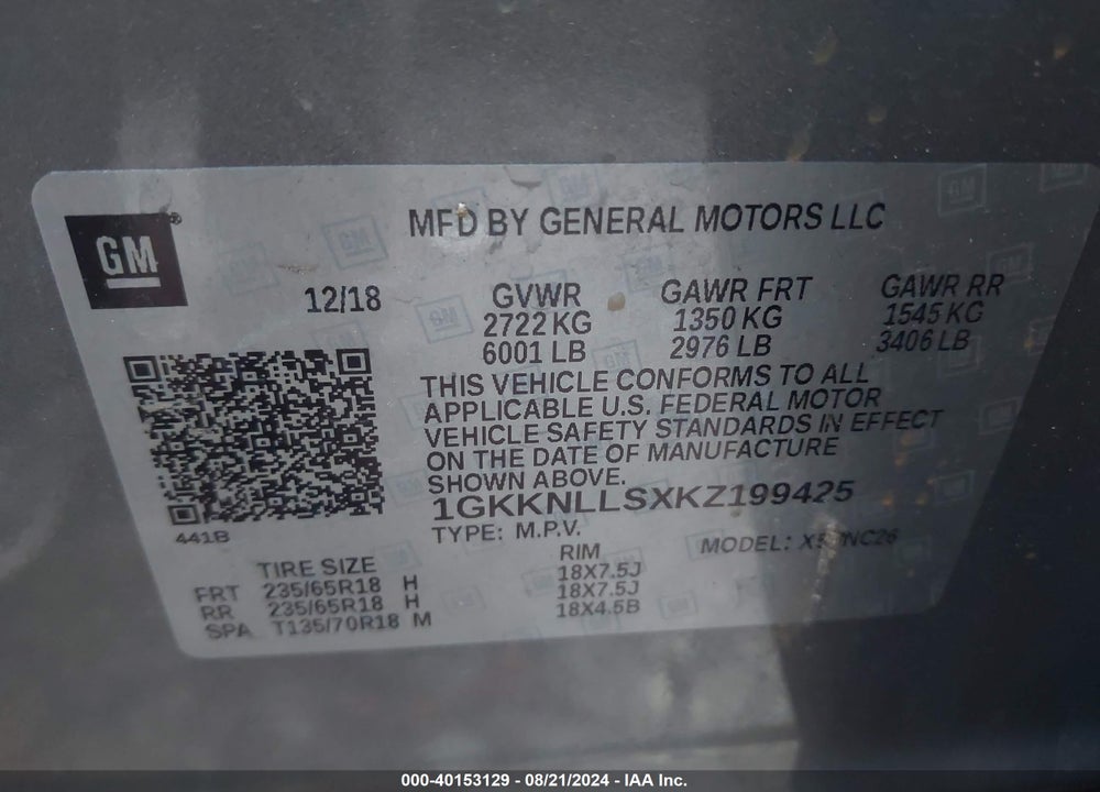 2019 GMC ACADIA SLE-2 VIN: 1GKKNLLSXKZ199425
