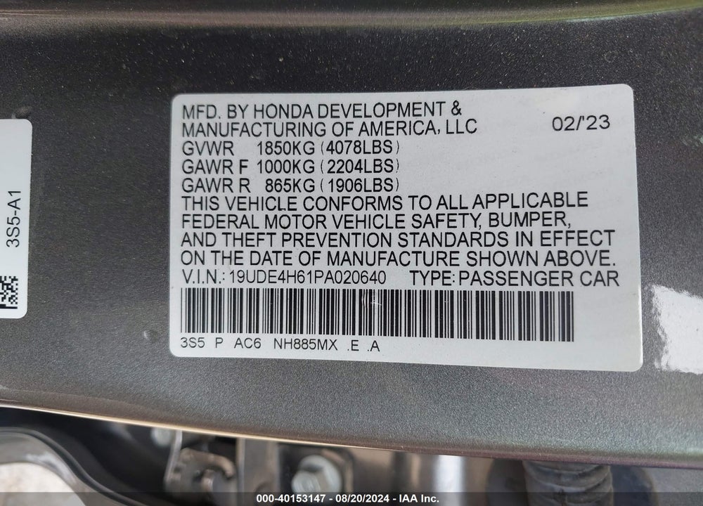 2023 ACURA INTEGRA A-SPEC W/ TECHNOLOGY VIN: 19UDE4H61PA020640