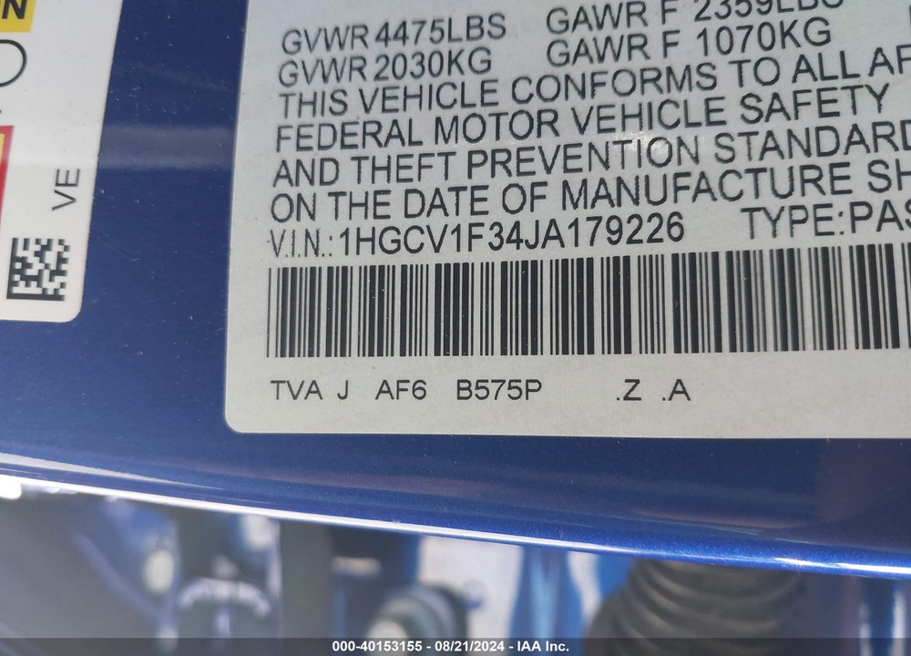 2018 HONDA ACCORD SPORT VIN: 1HGCV1F34JA179226