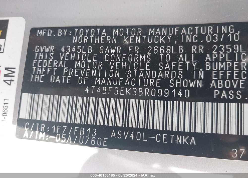 2011 TOYOTA CAMRY LE VIN: 4T4BF3EK3BR099140