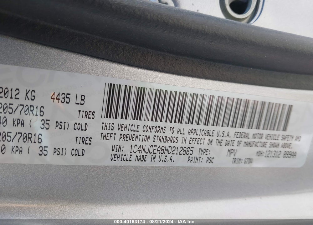 2017 JEEP COMPASS VIN: 1C4NJCEA8HD212865