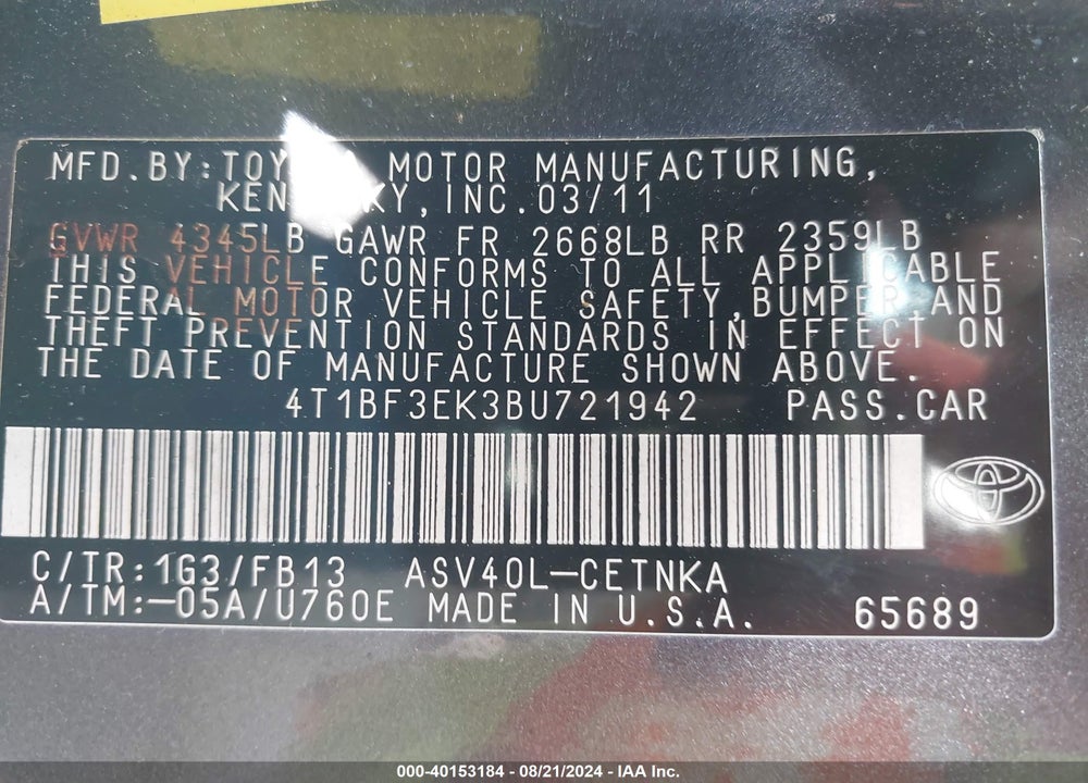 2011 TOYOTA CAMRY LE VIN: 4T1BF3EK3BU721942