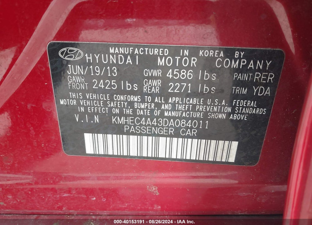 2013 HYUNDAI SONATA HYBRID LIMITED VIN: KMHEC4A43DA084011