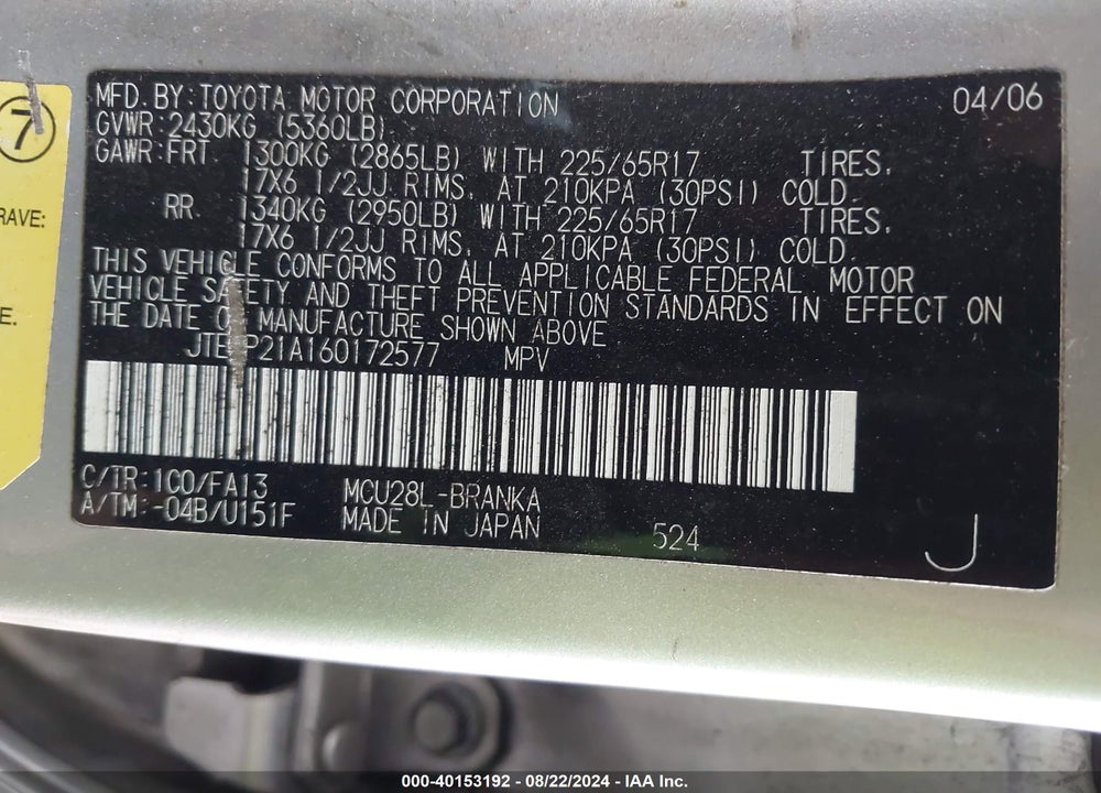 2006 TOYOTA HIGHLANDER SPORT V6 VIN: JTEEP21A160172577