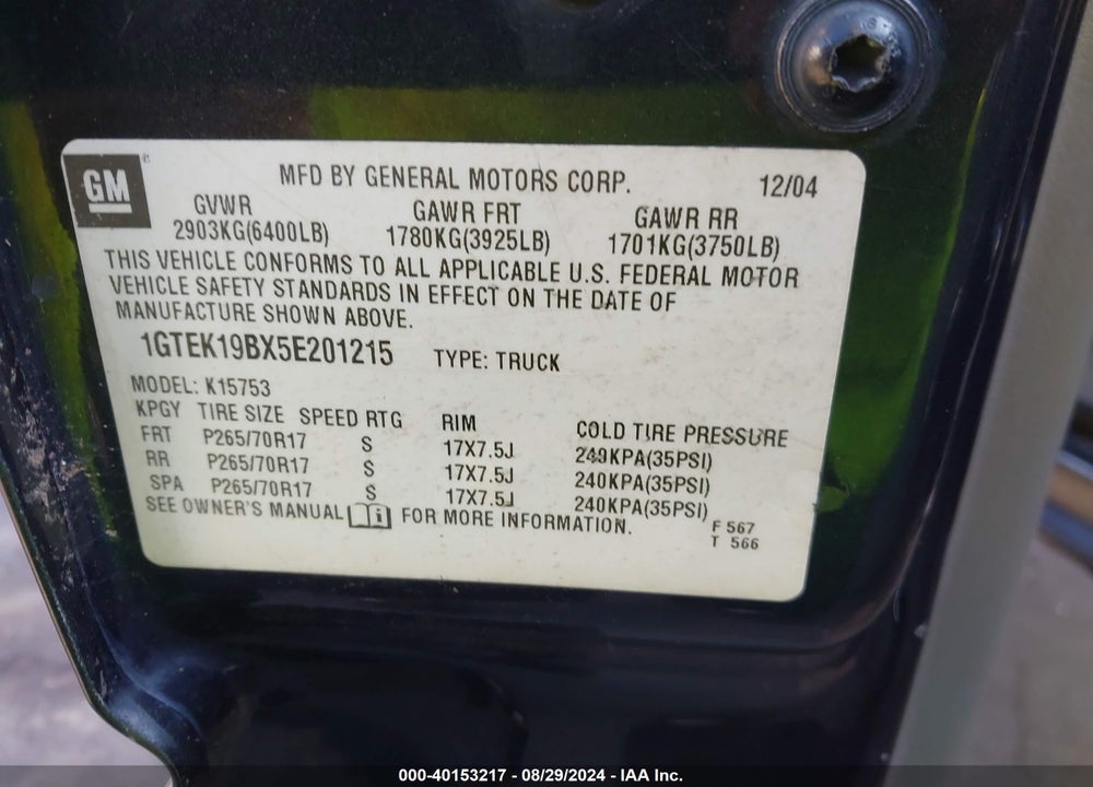 2005 GMC SIERRA 1500 SLT VIN: 1GTEK19BX5E201215