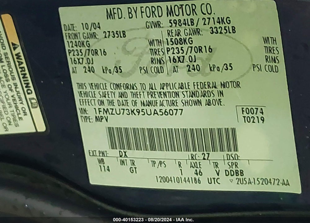 2005 FORD EXPLORER XLT/XLT SPORT VIN: 1FMZU73K95UA56077