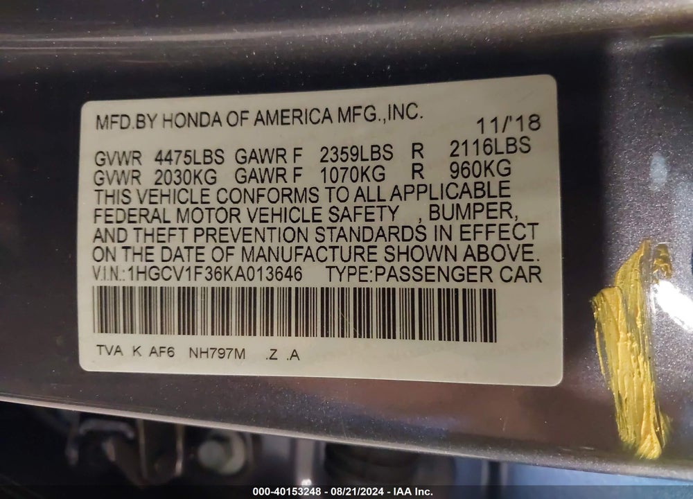 2019 HONDA ACCORD SPORT VIN: 1HGCV1F36KA013646
