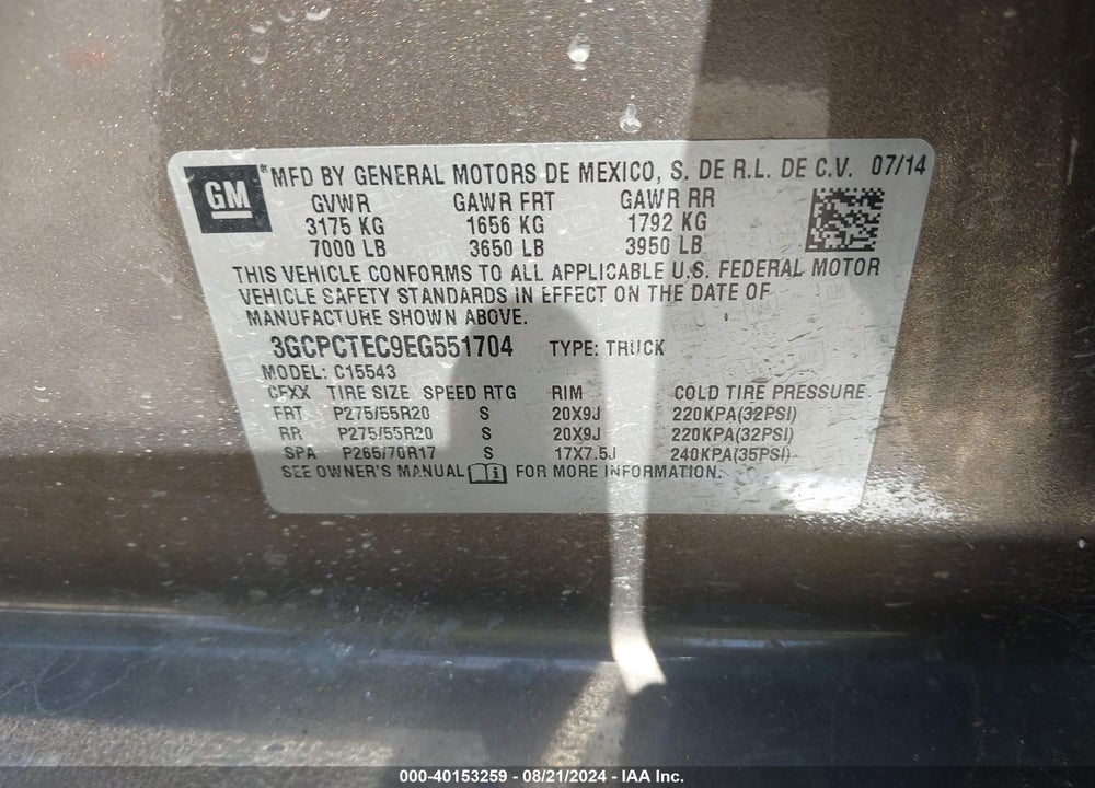 2014 CHEVROLET SILVERADO 1500 HIGH COUNTRY VIN: 3GCPCTEC9EG551704
