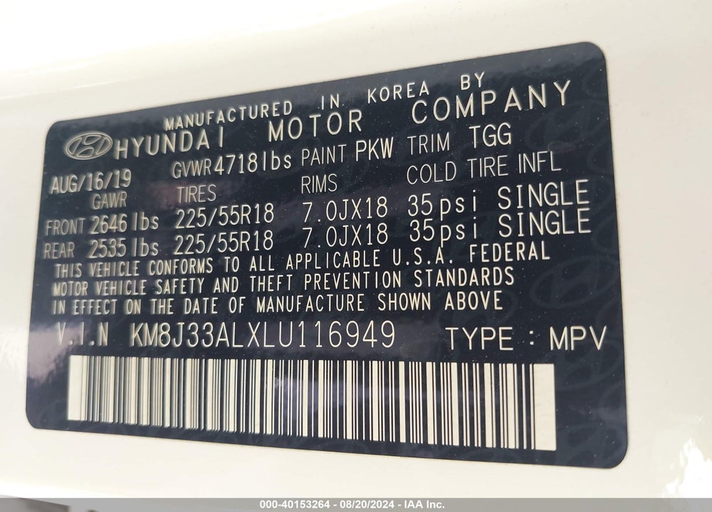 2020 HYUNDAI TUCSON SEL VIN: KM8J33ALXLU116949