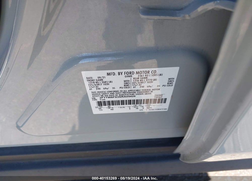 2022 FORD MAVERICK XL VIN: 3FTTW8F93NRA05426