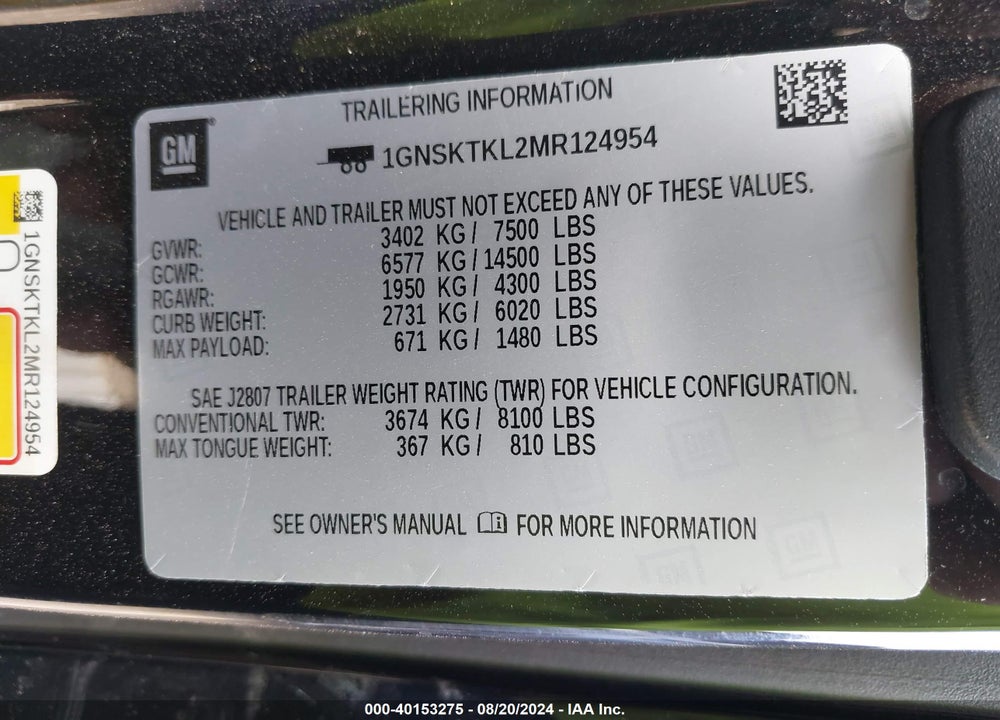 2021 CHEVROLET TAHOE 4WD HIGH COUNTRY VIN: 1GNSKTKL2MR124954