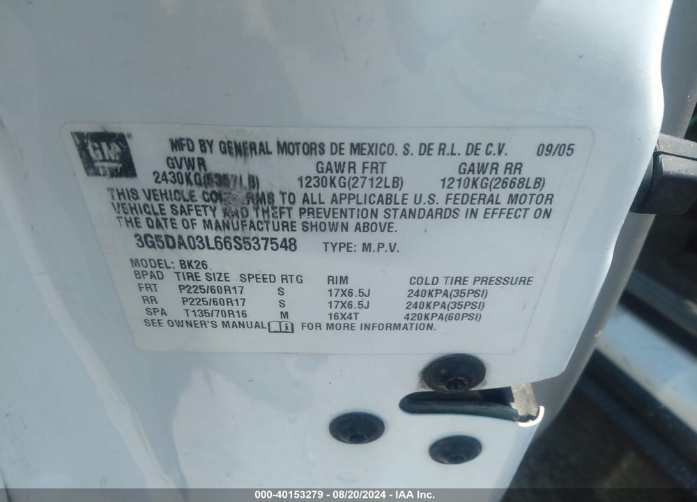 2006 BUICK RENDEZVOUS CX VIN: 3G5DA03L66S537548