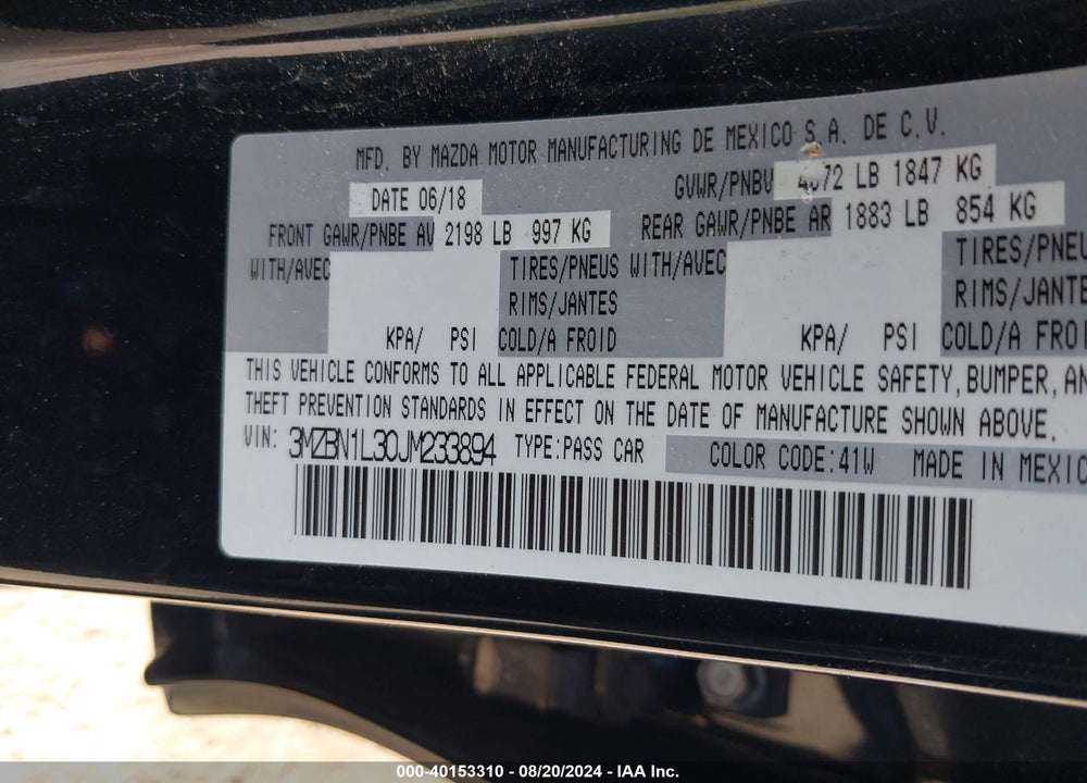 2018 MAZDA 3 TOURING VIN: 3MZBN1L30JM233894