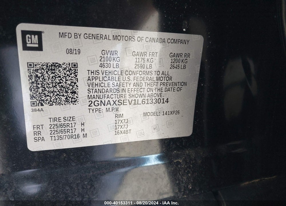 2020 CHEVROLET EQUINOX AWD LS VIN: 2GNAXSEV1L6133014