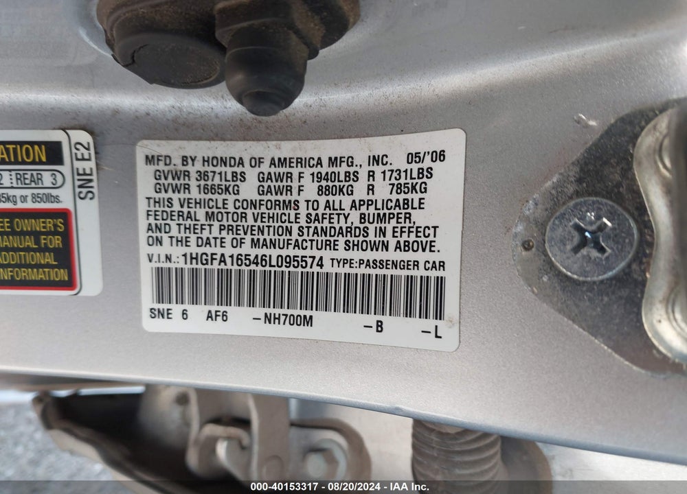 2006 HONDA CIVIC LX VIN: 1HGFA16546L095574