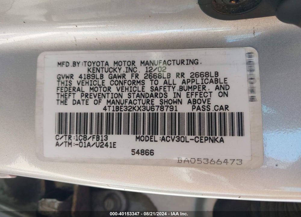 2003 TOYOTA CAMRY LE VIN: 4T1BE32KX3U678791