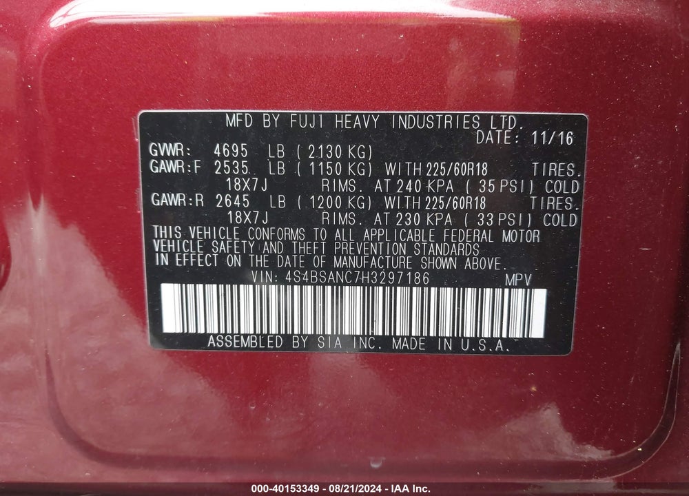 2017 SUBARU OUTBACK 2.5I LIMITED VIN: 4S4BSANC7H3297186