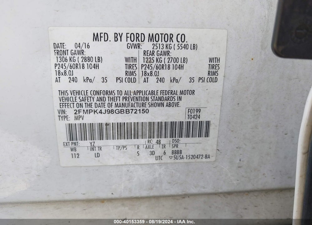 2016 FORD EDGE SEL VIN: 2FMPK4J98GBB72150