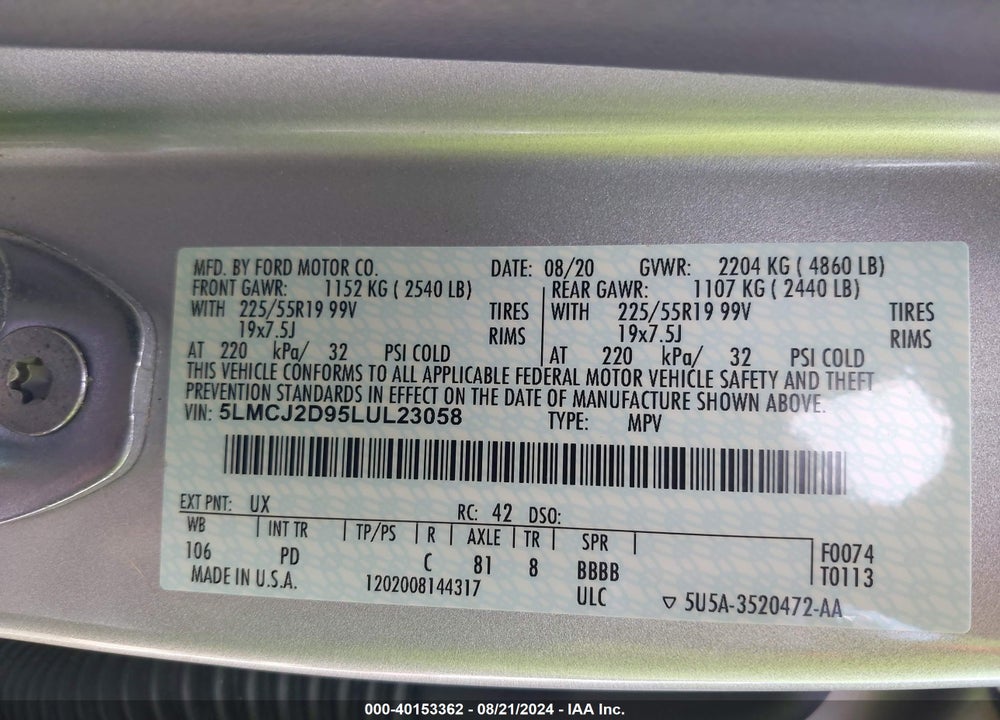 2020 LINCOLN CORSAIR RESERVE VIN: 5LMCJ2D95LUL23058