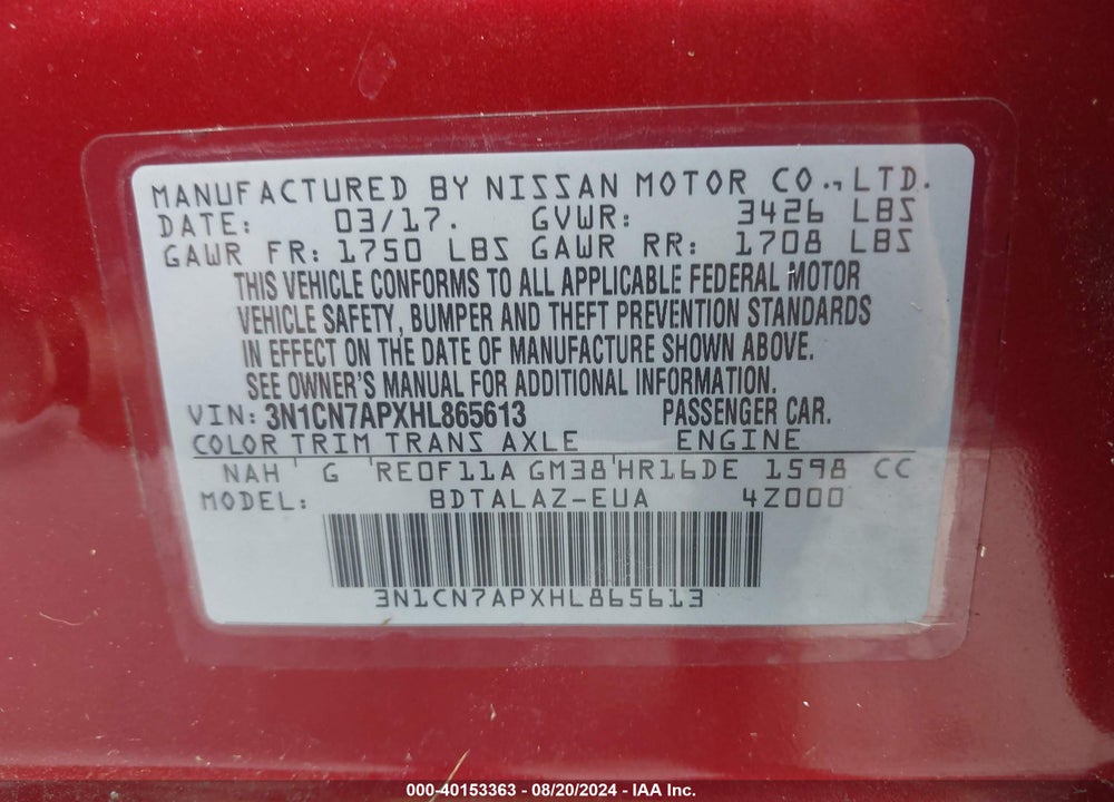 2017 NISSAN VERSA 1.6 S+ VIN: 3N1CN7APXHL865613