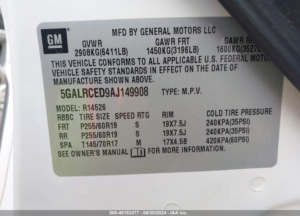 2010 BUICK ENCLAVE 2XL VIN: 5GALRCED9AJ149908