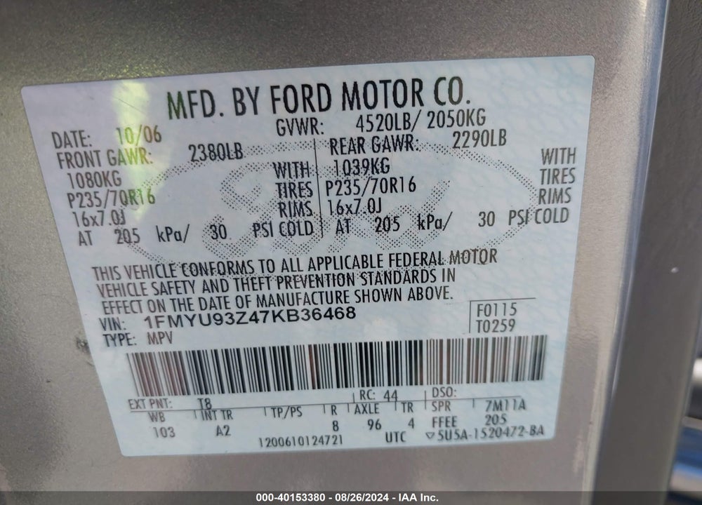 2007 FORD ESCAPE XLT VIN: 1FMYU93Z47KB36468