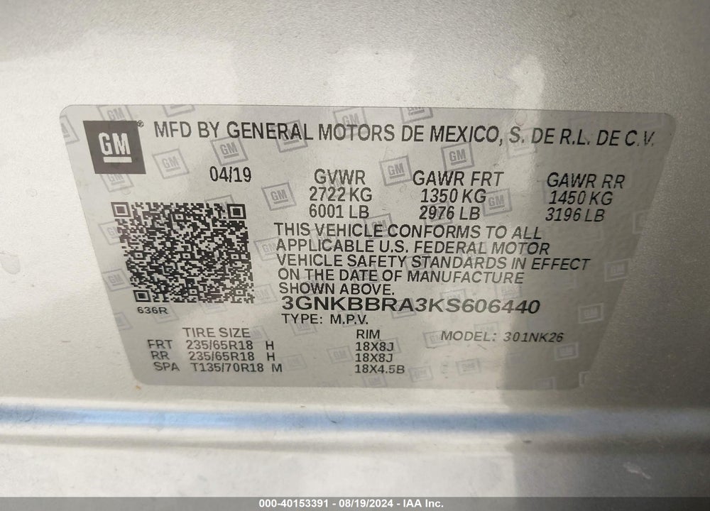 2019 CHEVROLET BLAZER VIN: 3GNKBBRA3KS606440