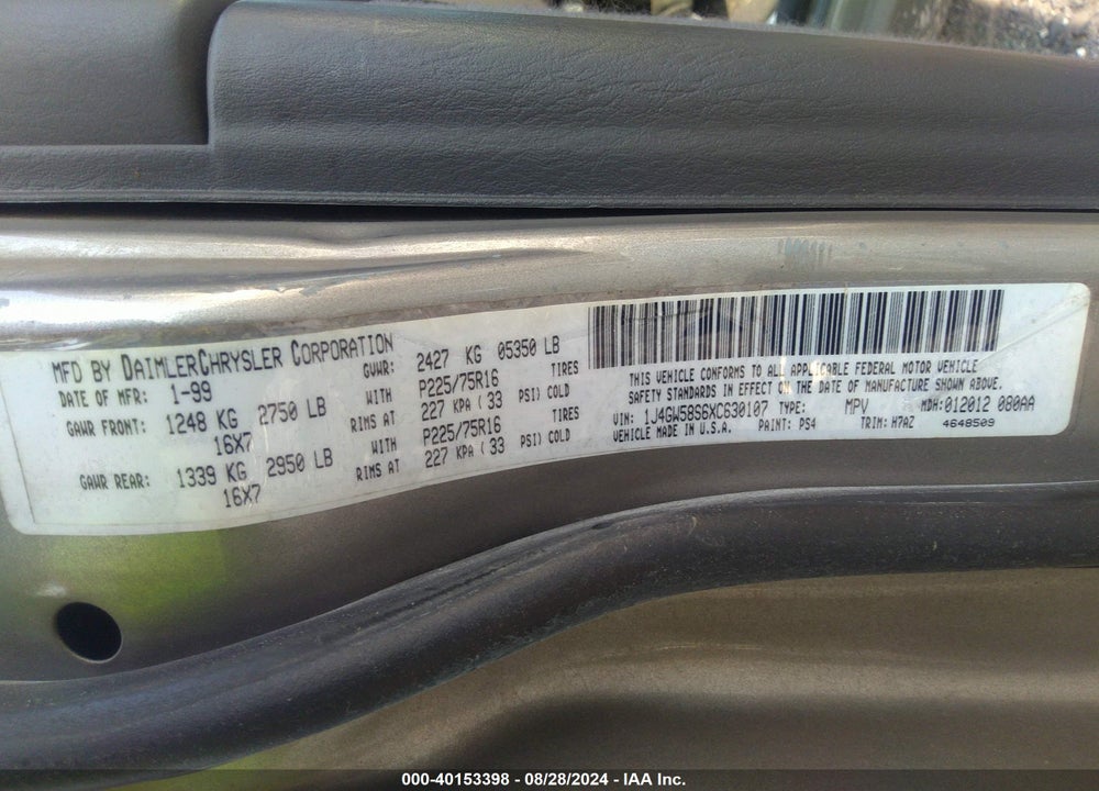 1999 JEEP GRAND CHEROKEE LAREDO VIN: 1J4GW58S6XC630107