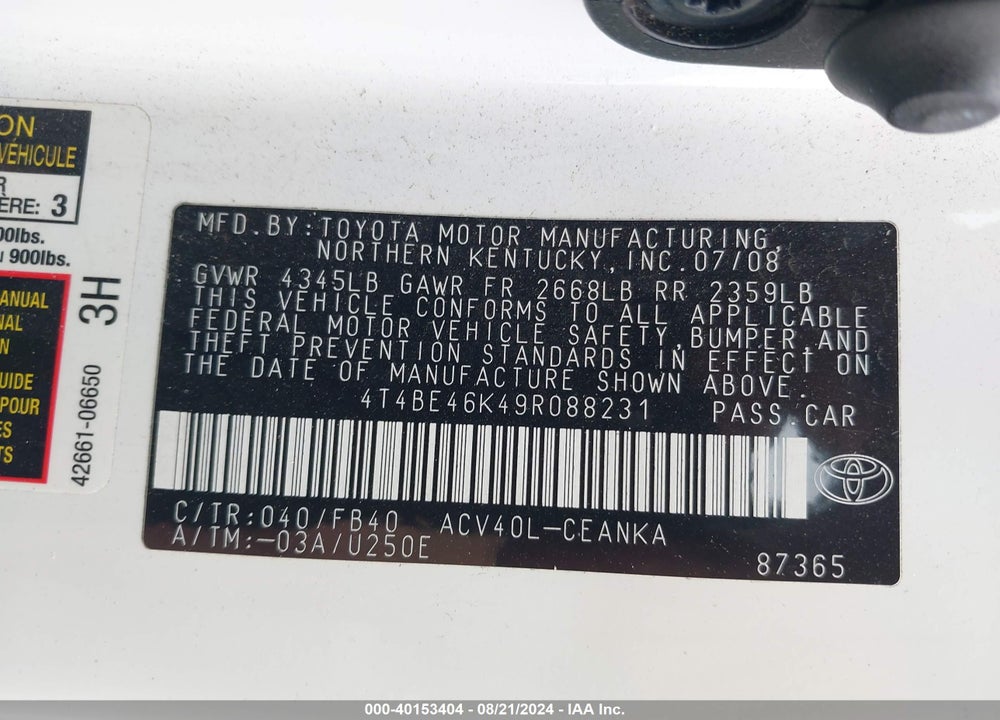 2009 TOYOTA CAMRY LE VIN: 4T4BE46K49R088231
