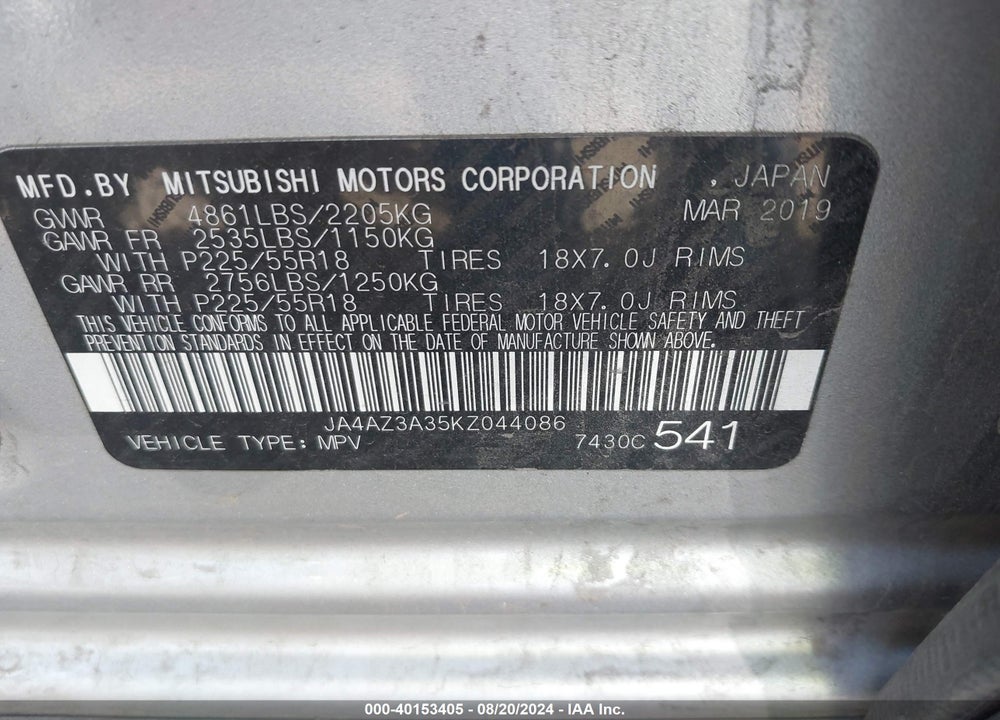 2019 MITSUBISHI OUTLANDER SE VIN: JA4AZ3A35KZ044086