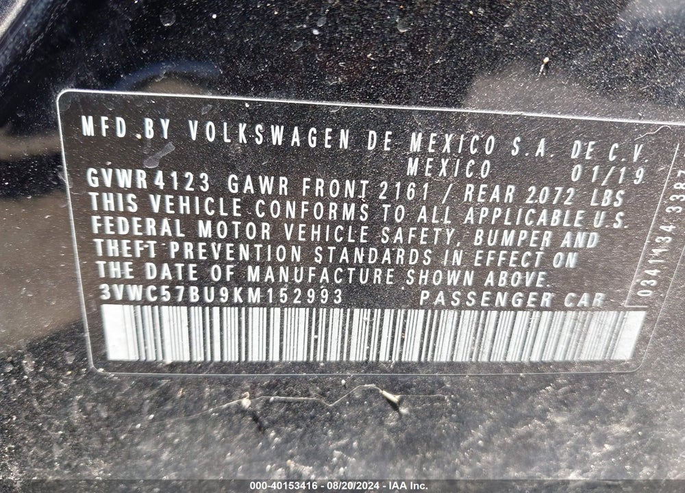 2019 VOLKSWAGEN JETTA 1.4T R-LINE/1.4T S/1.4T SE VIN: 3VWC57BU9KM152993