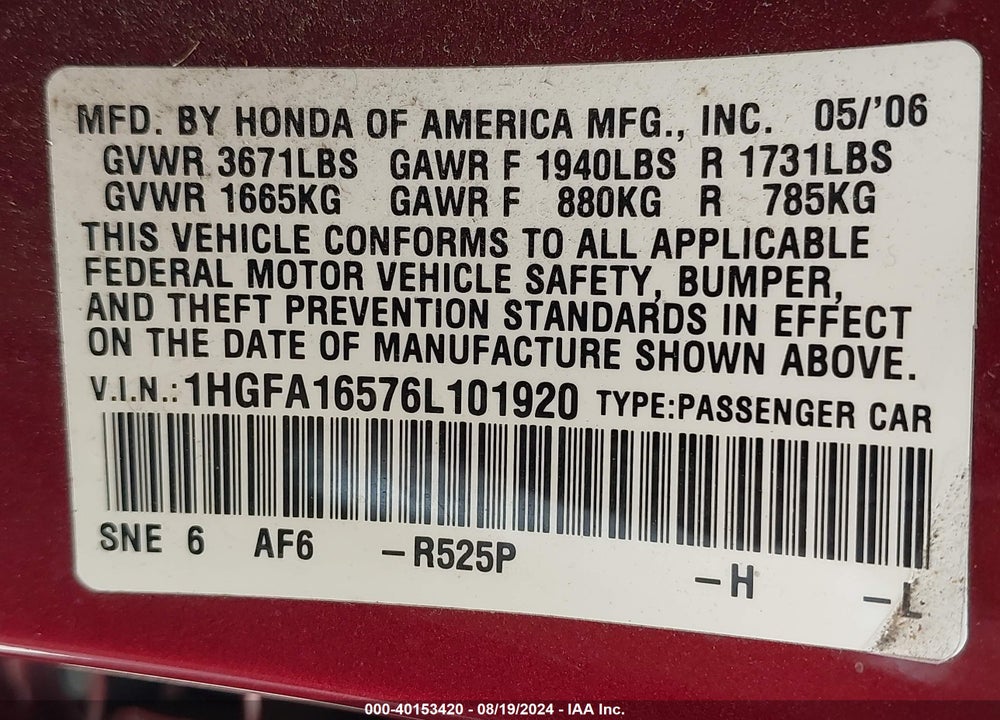 2006 HONDA CIVIC LX VIN: 1HGFA16576L101920