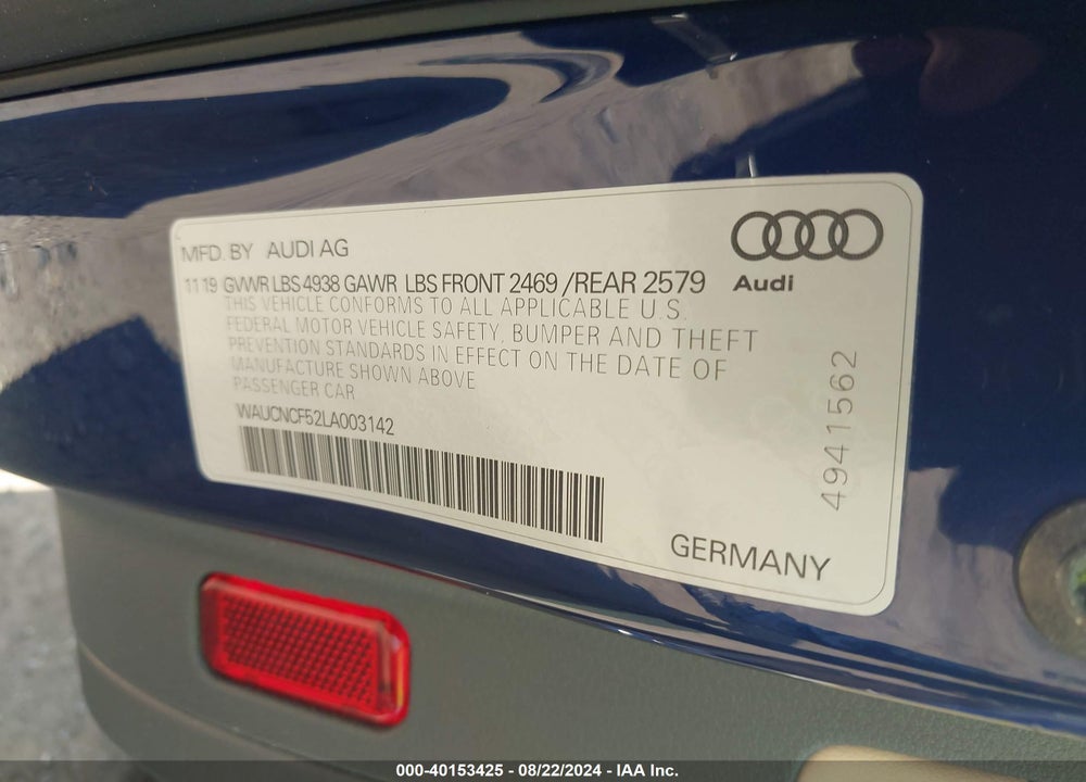 2020 AUDI A5 SPORTBACK PREMIUM PLUS 45 TFSI QUATTRO S TRONIC VIN: WAUCNCF52LA003142