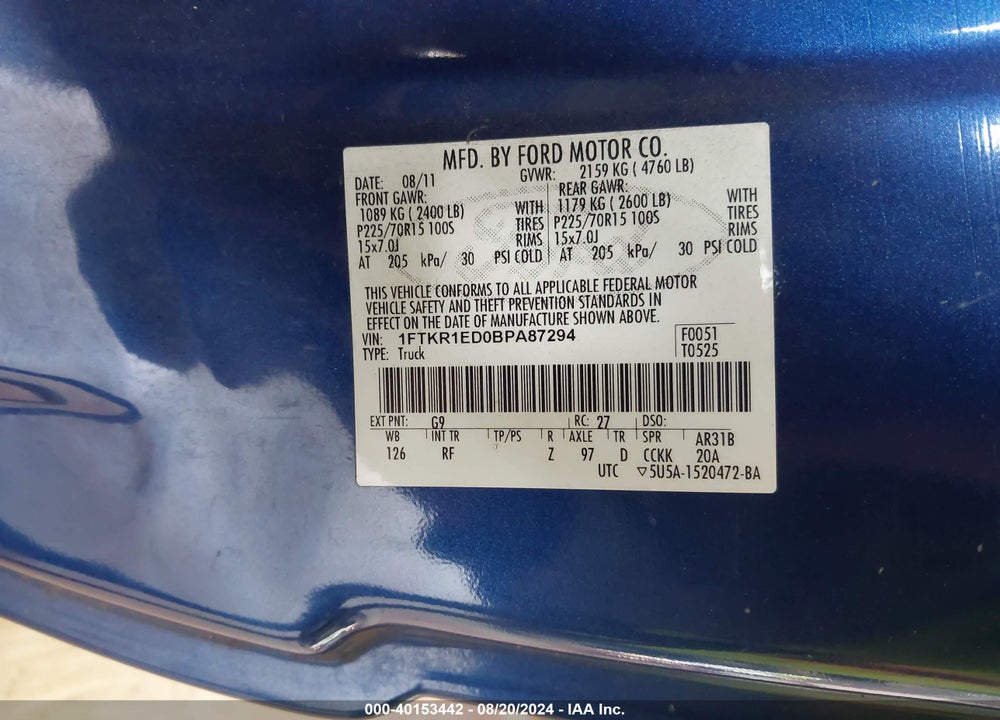 2011 FORD RANGER XLT VIN: 1FTKR1ED0BPA87294